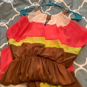 Bright pink, brown, yellow and white maxi dress